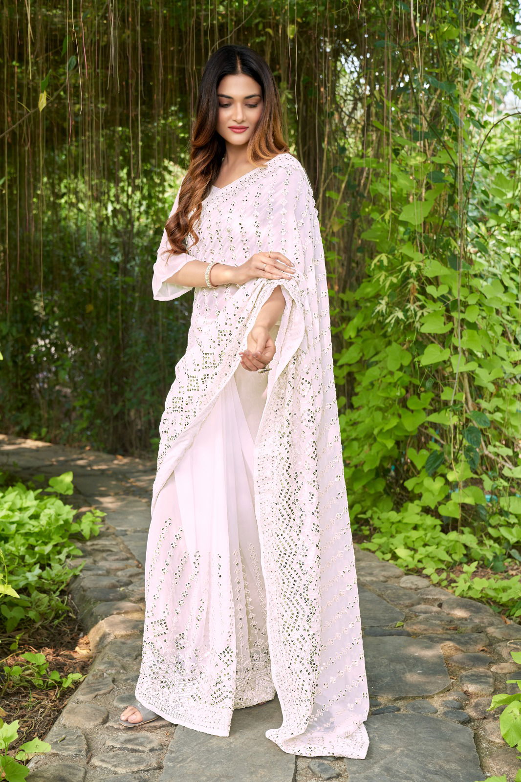 White Tone Thread Embroidery Georgette Designer Sarees Wholesale Price In Surat